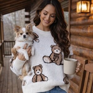 NWT-True Teddy Bear Knit Sweater Cream Brown NWT Cozy Cute Small